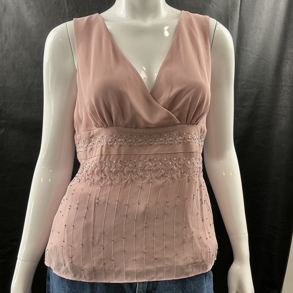 Ann Taylor LOFT Mauve Pink Beaded Empire Waist V-Neck Sleeveless Blouse Size 8